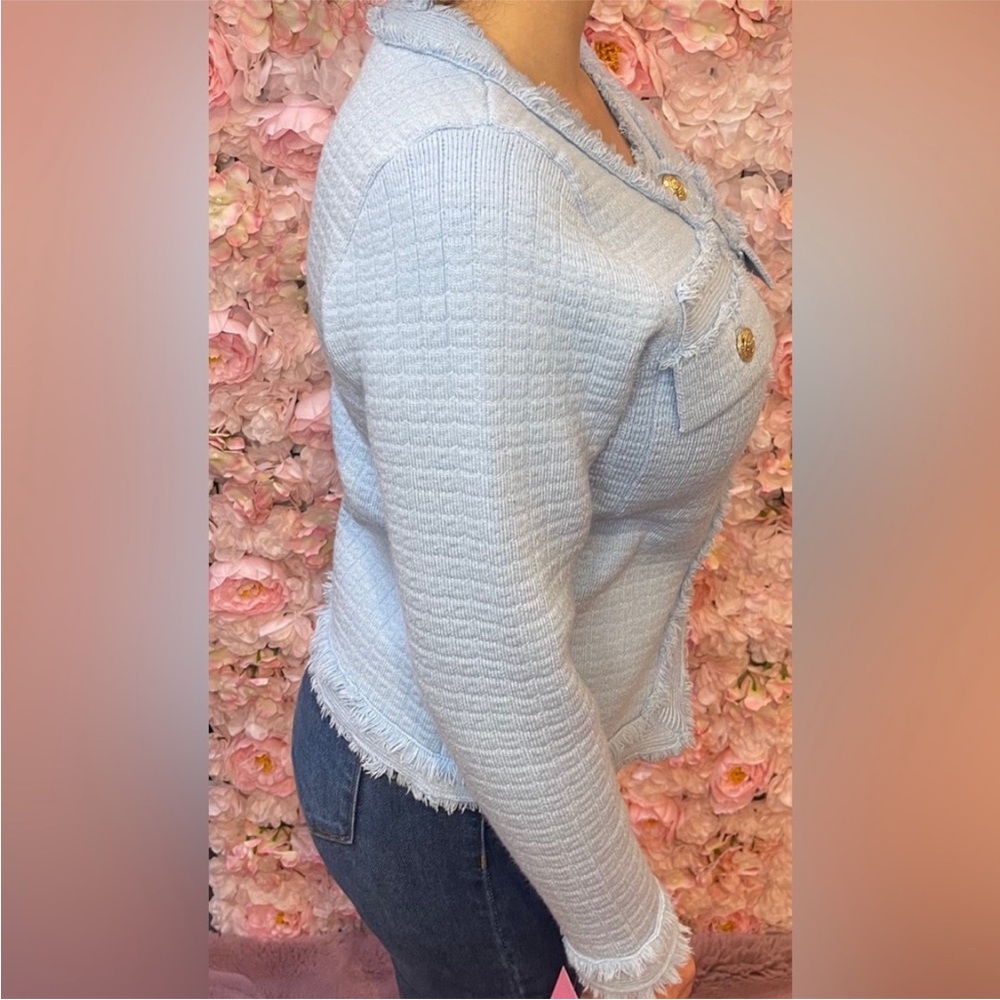 Light Blue Textured Cardigan with Gold Buttons - Picture 2 of 3